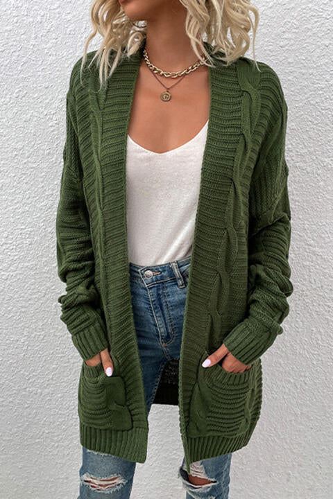 Cable-Knit Open Front Cardigan with Pockets