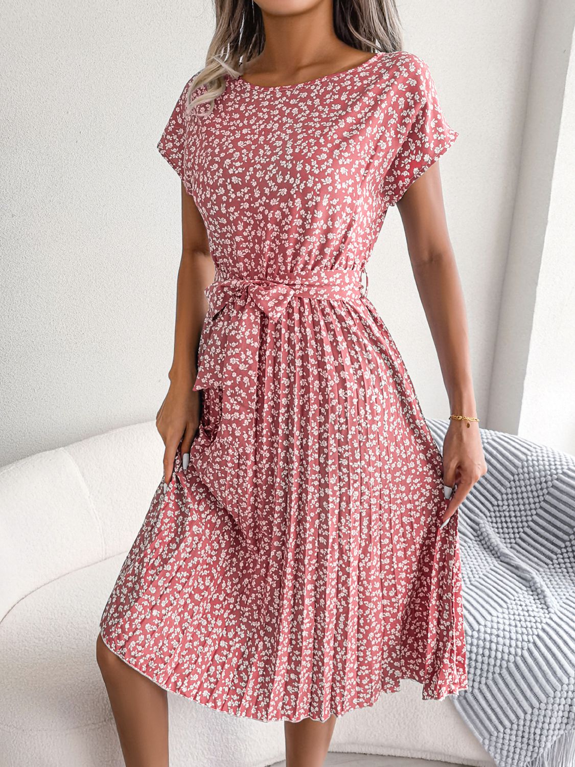 Ditsy Floral Pleated Belted Dress