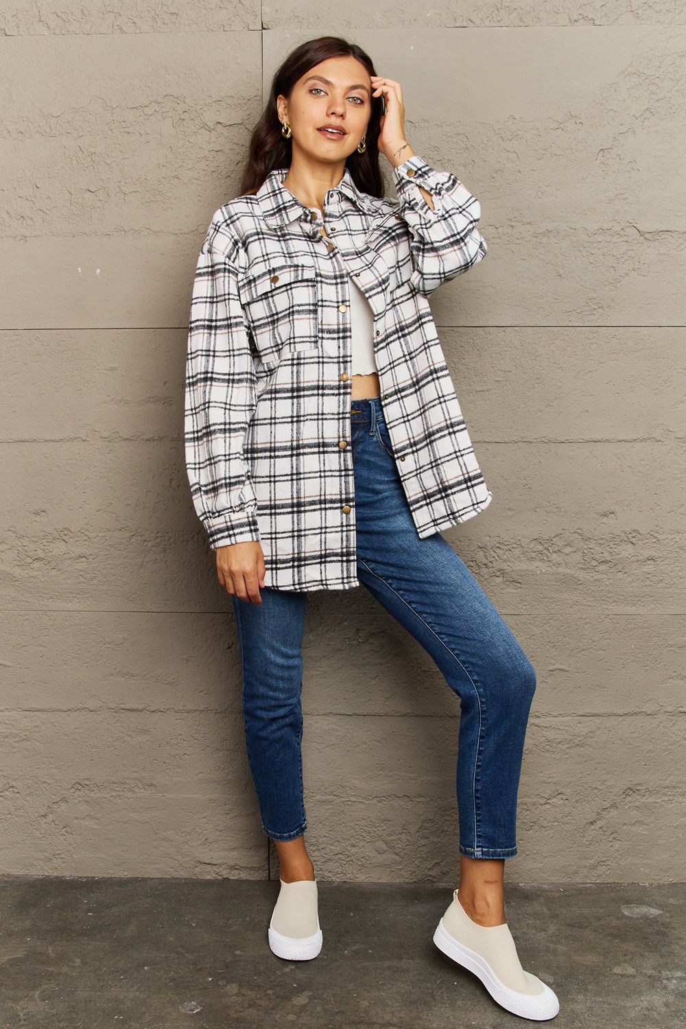 Full Size Plaid Collared Neck Button-Down Long Sleeve Jacket