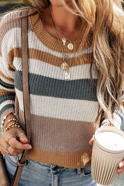 Dream big Striped Round Neck Dropped Shoulder Sweater