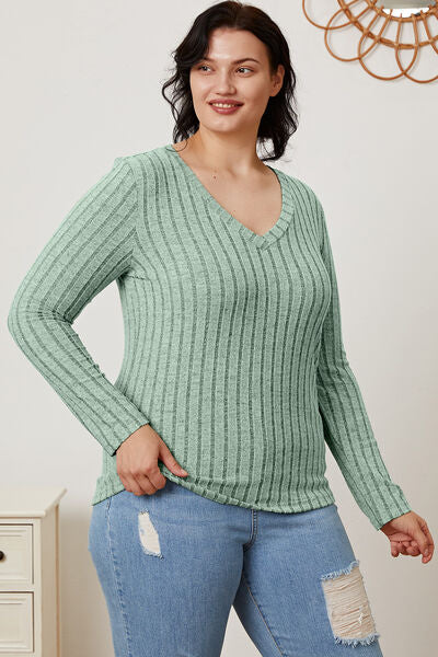 Calm and comfy Full Size Ribbed V-Neck Long Sleeve T-Shirt