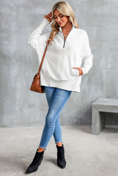 Half Zip Pocketed Dropped Shoulder Sweatshirt