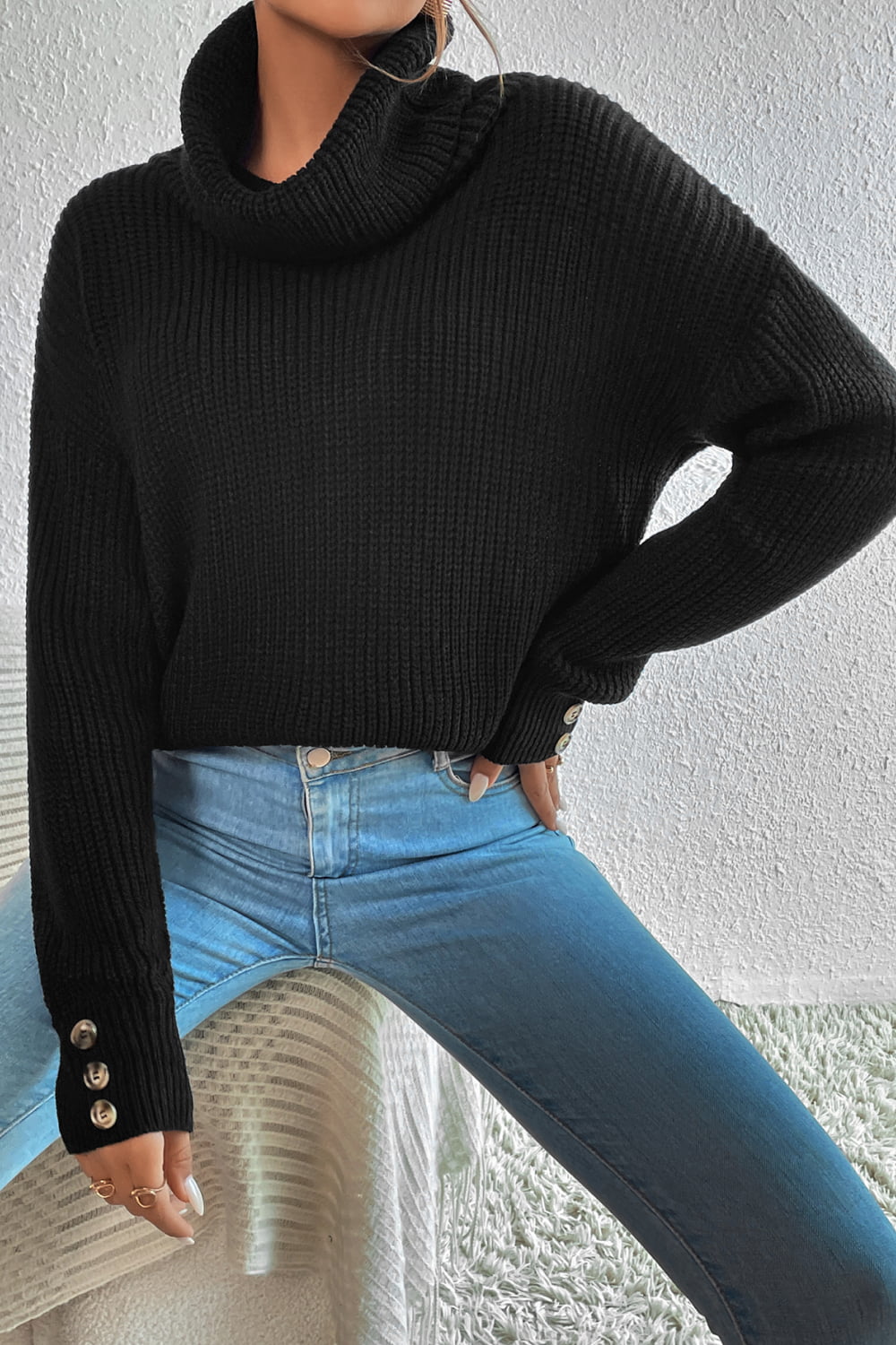 Decorative Button Turtleneck Dropped Shoulder Sweater