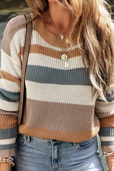 Dream big Striped Round Neck Dropped Shoulder Sweater