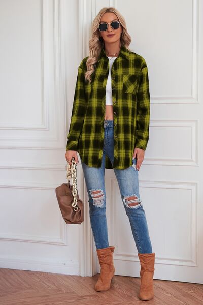 Plaid Button Up Dropped Shoulder Outerwear