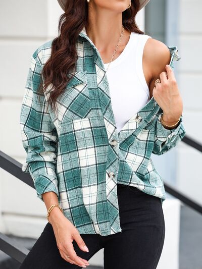 Small town girl -Plaid Collared Neck Button Up Jacket