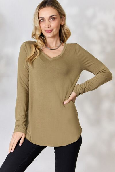 Chai Latte -Zenana Full Size V-Neck Long Sleeve T-Shirt