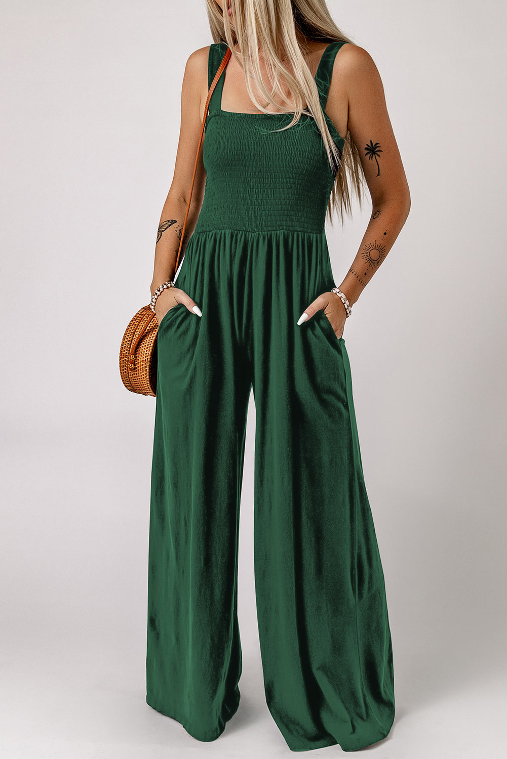 Smocked Square Neck Wide Leg Jumpsuit with Pockets