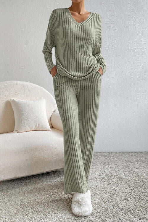 On top of the world -Ribbed V-Neck Top and Pants Set