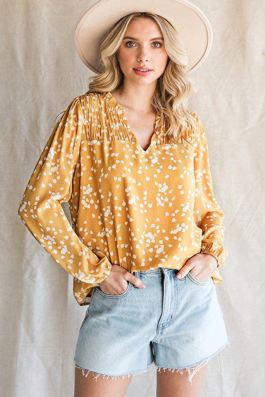 Printed Notched Neck Smocked Blouse