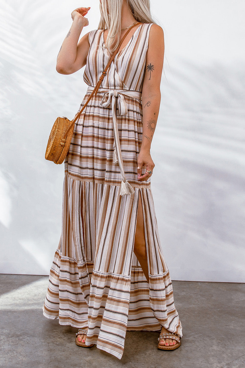 Tiffanie Striped Tie Waist Slit Sleeveless Dress