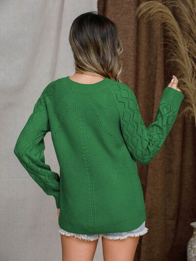 Openwork Round Neck Raglan Sleeve Sweater