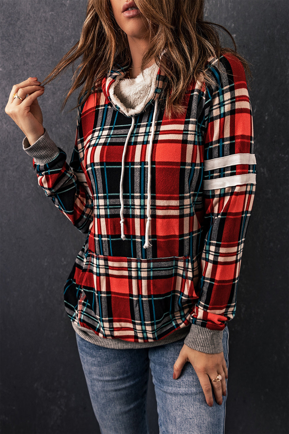 Plaid Drawstring Long Sleeve Sweatshirt