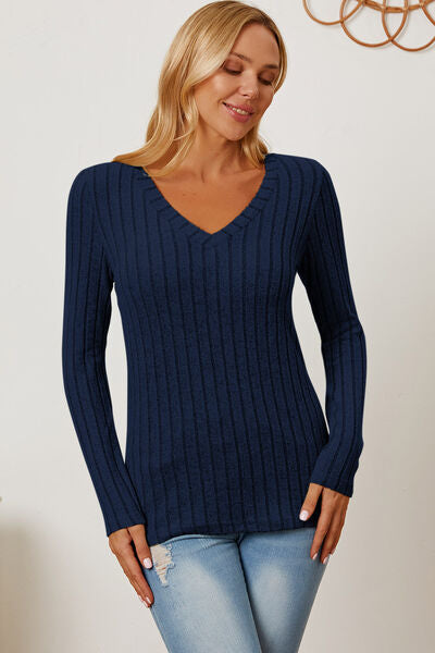 Calm and comfy Full Size Ribbed V-Neck Long Sleeve T-Shirt