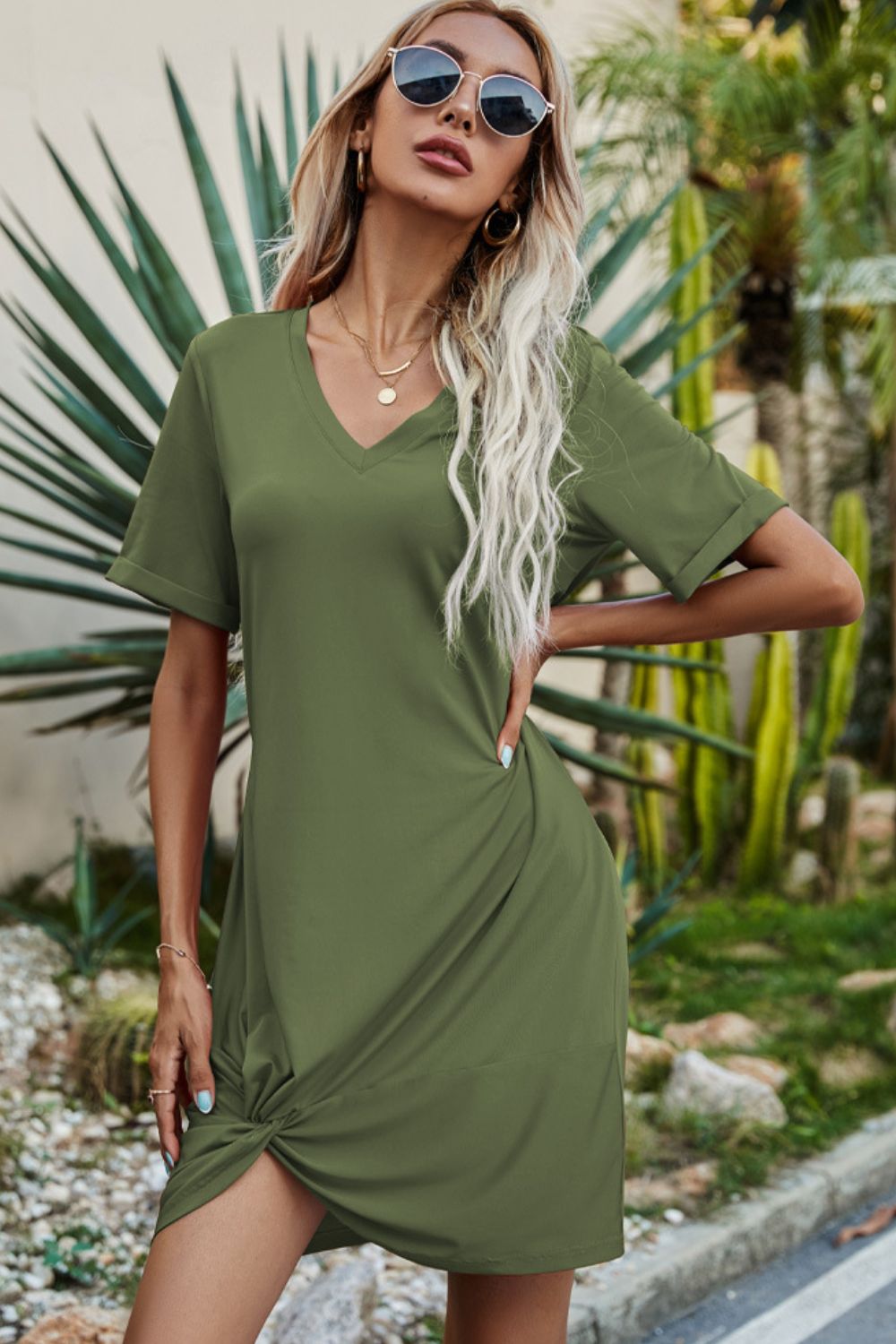 Twisted V-Neck Short Sleeve Dress