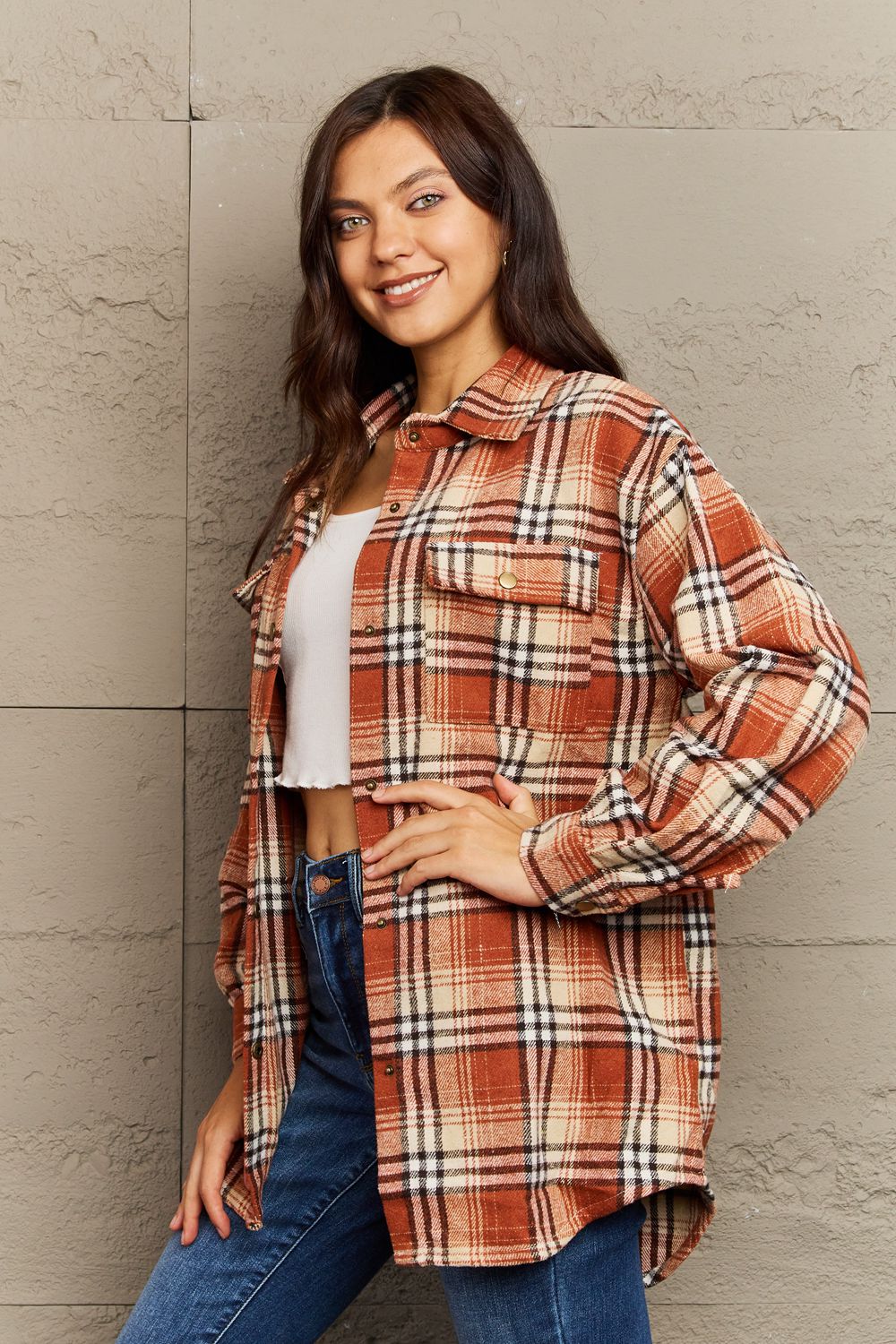 Full Size Plaid Collared Neck Button-Down Long Sleeve Jacket