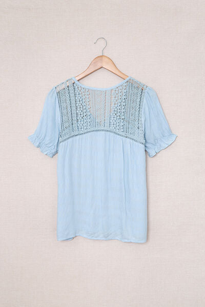 Lace Detail Button Up Short Sleeve Shirt