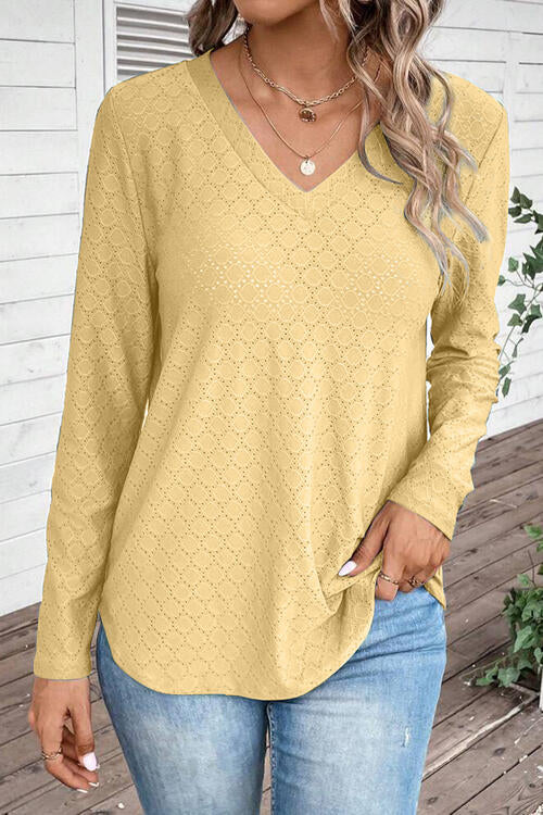 Eyelet V-Neck Long Sleeve T-Shirt