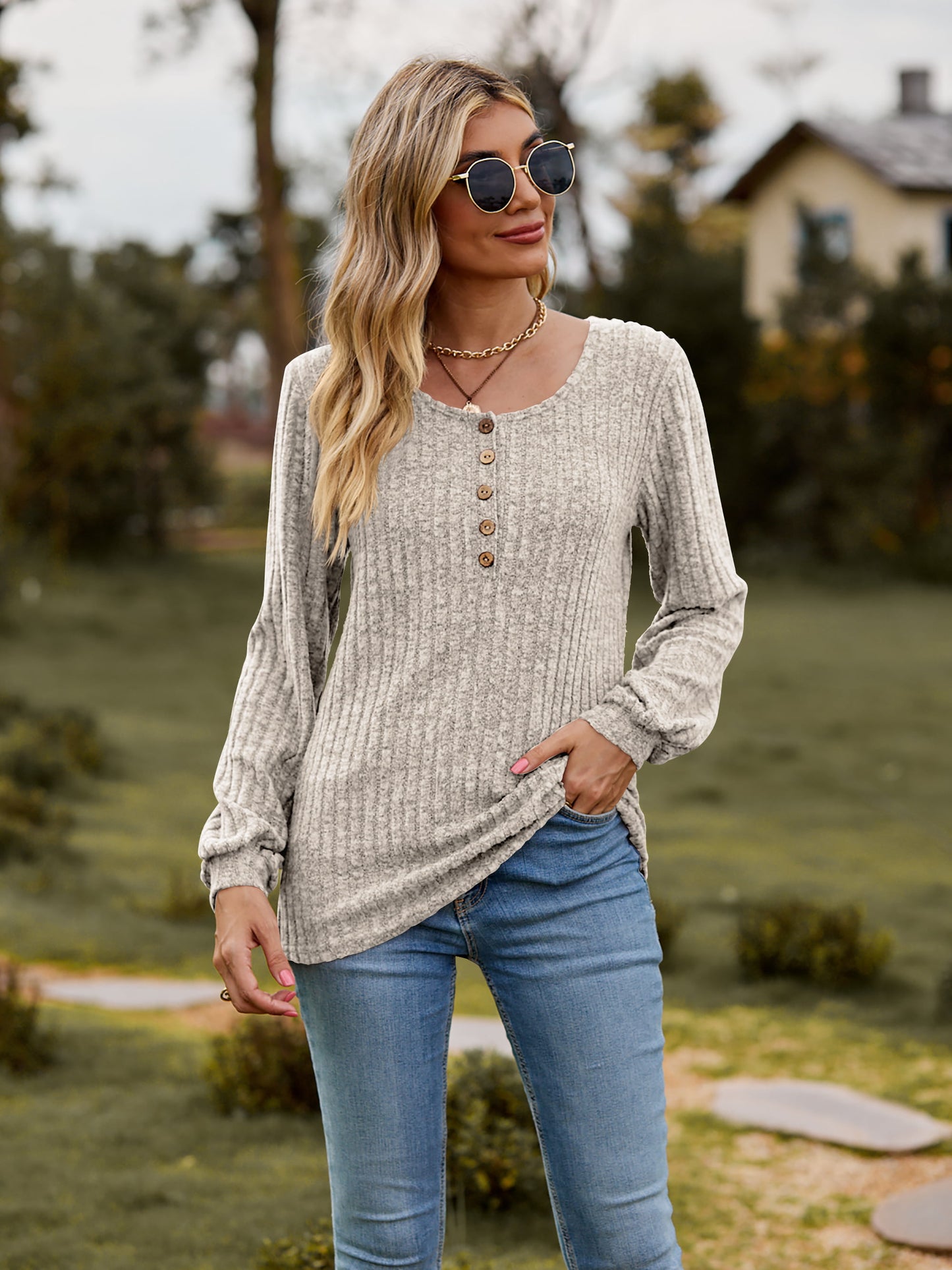 Round Neck Button-Down Long Sleeve Tee