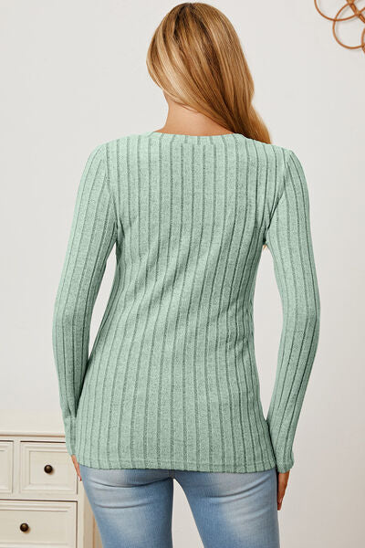 Calm and comfy Full Size Ribbed V-Neck Long Sleeve T-Shirt