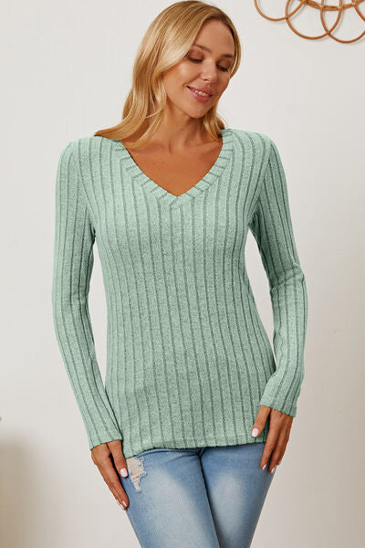 Calm and comfy Full Size Ribbed V-Neck Long Sleeve T-Shirt