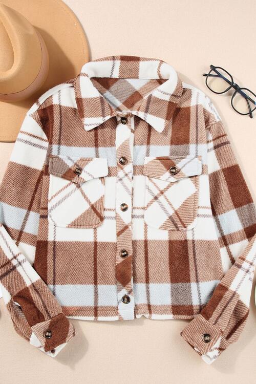 Pocketed Plaid Collared Neck Jacket