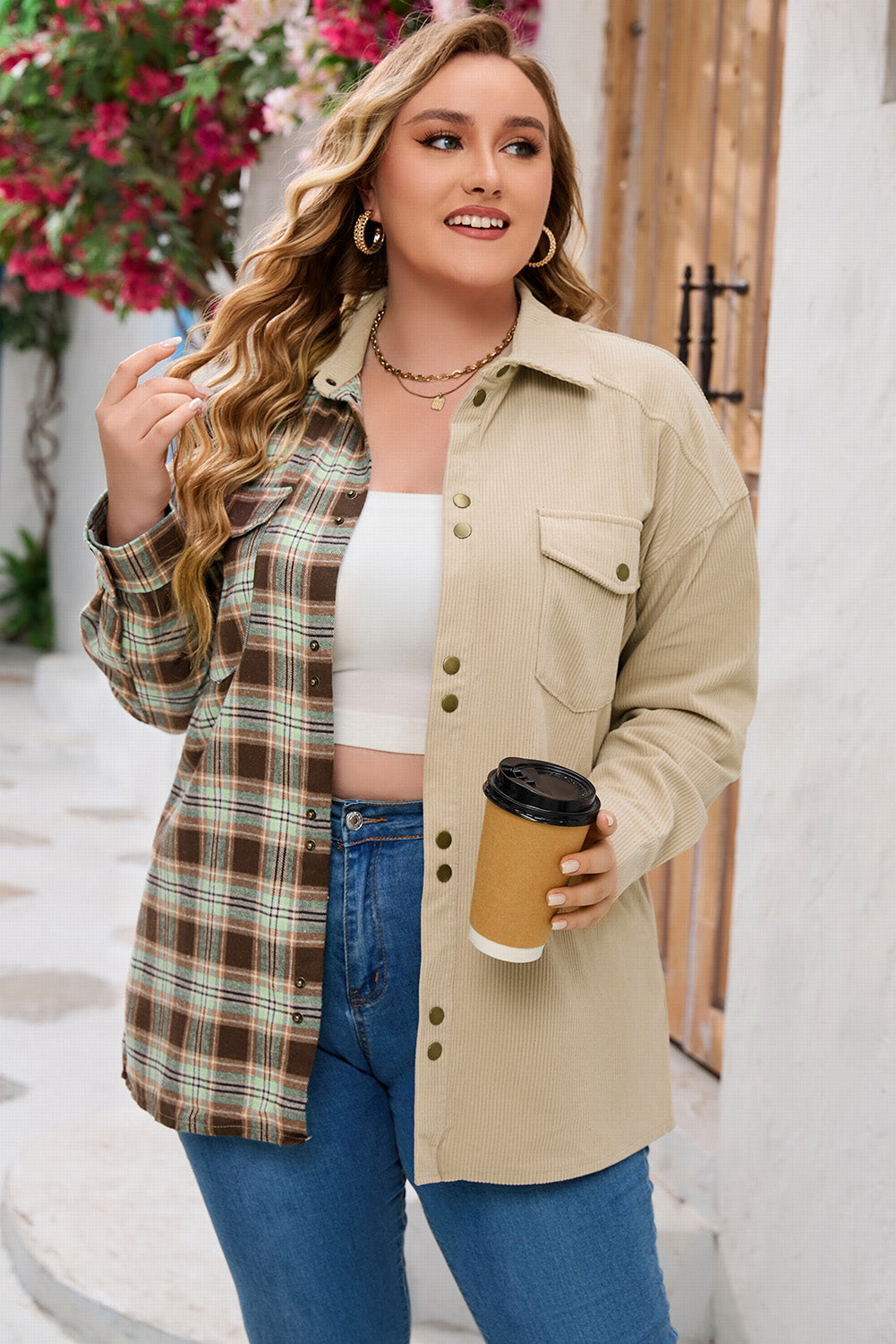 Plus Size Plaid Spliced Corduroy Shacket