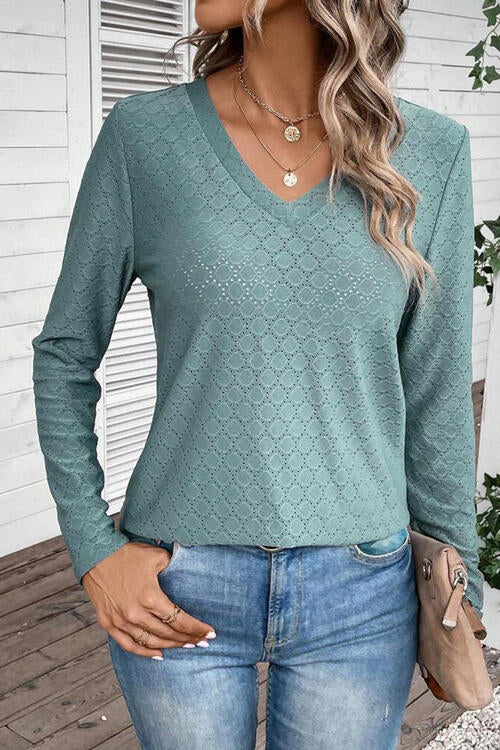 Eyelet V-Neck Long Sleeve T-Shirt