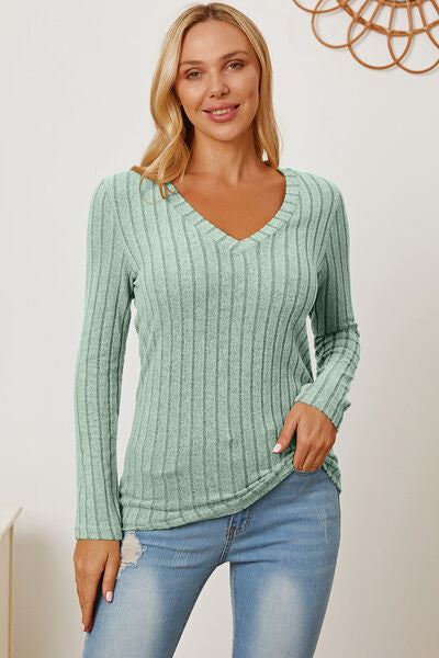 Calm and comfy Full Size Ribbed V-Neck Long Sleeve T-Shirt