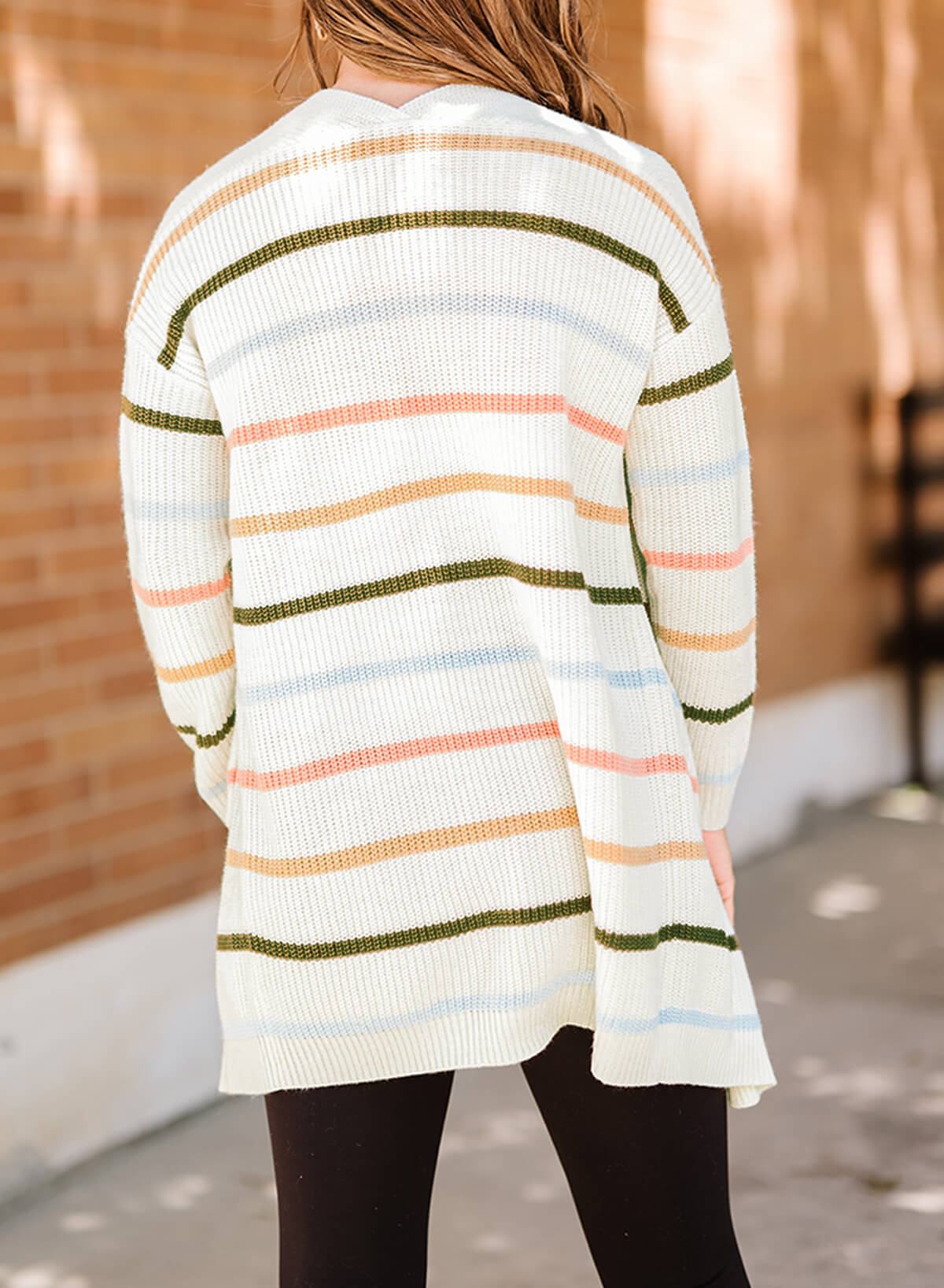 Striped Rib-Knit Open Front Pocketed Cardigan