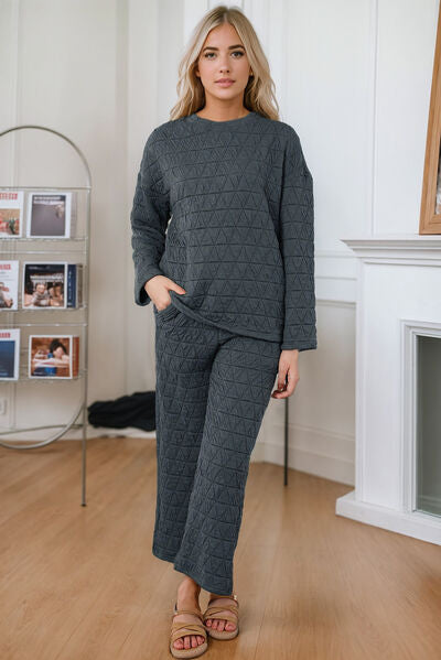 Round Neck Top and Pocketed  Pants Lounge Set