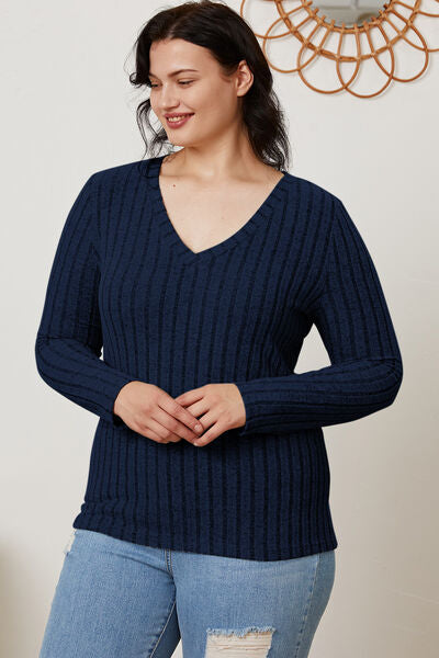 Calm and comfy Full Size Ribbed V-Neck Long Sleeve T-Shirt