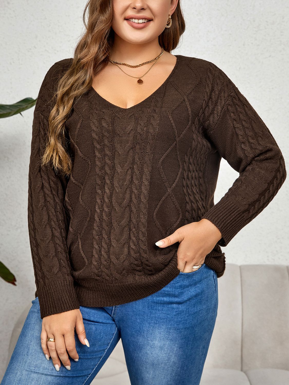 Plus size brown V-Neck Cable-Knit Long Sleeve Sweater