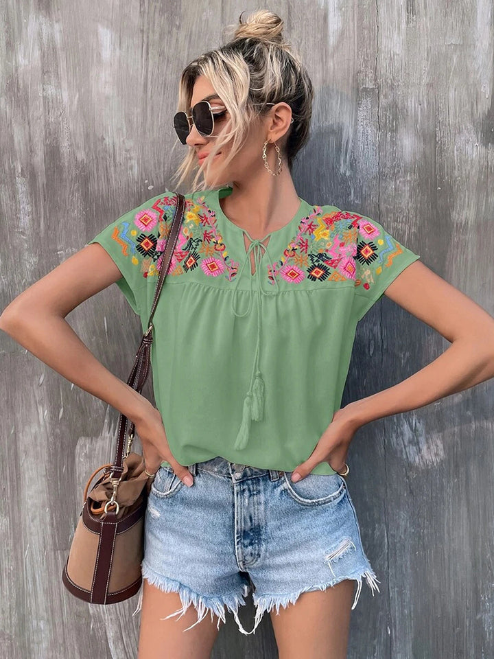 Printed Notched Neck Short Sleeve Blouse