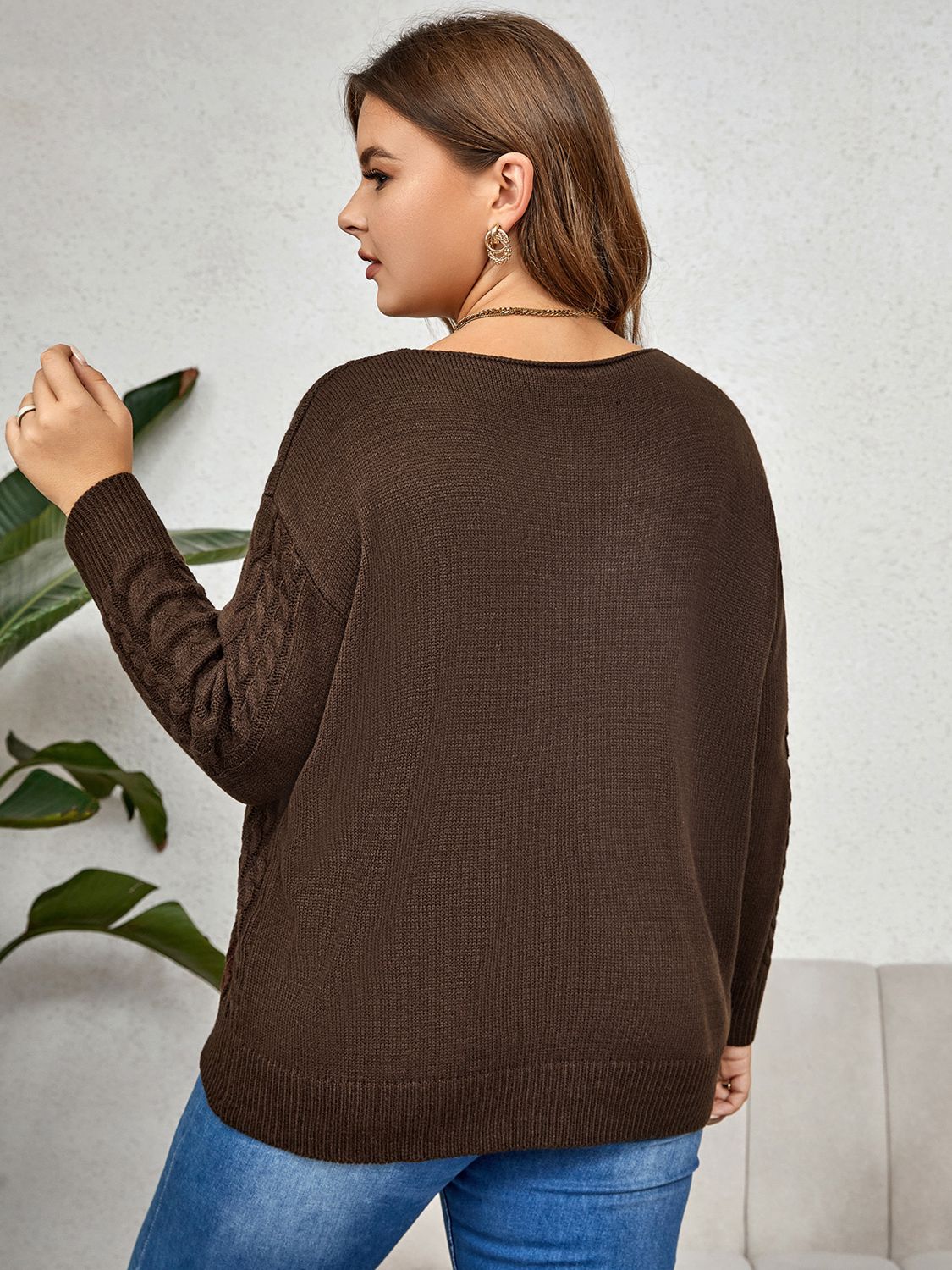 Plus size brown V-Neck Cable-Knit Long Sleeve Sweater