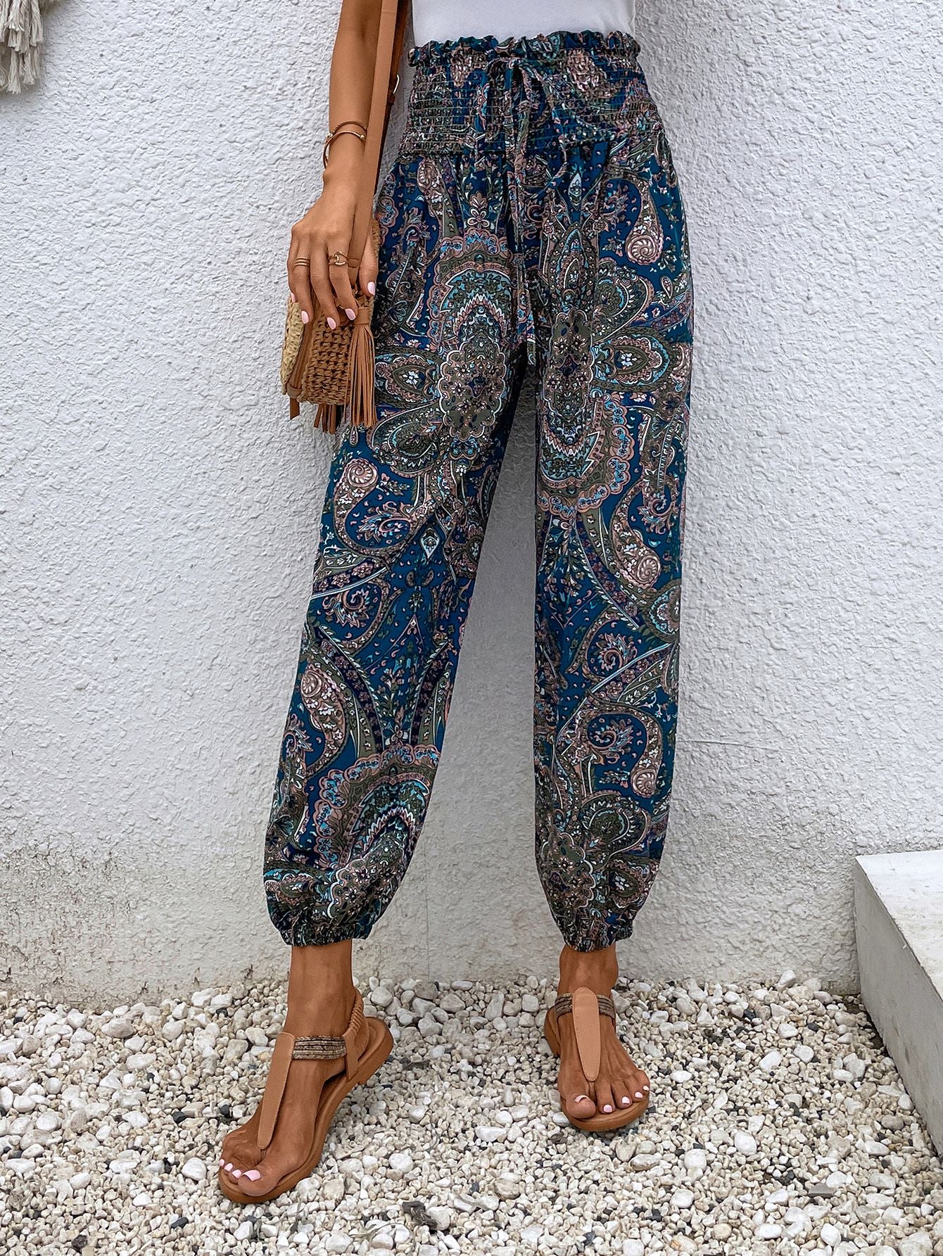 Paisley Print Smocked High-Waist Pants