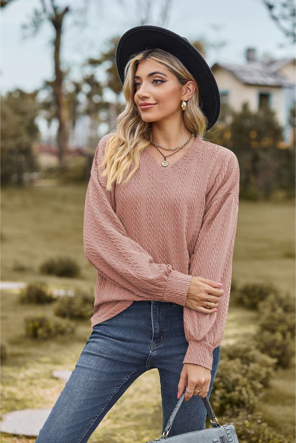 V-Neck Dropped Shoulder Blouse