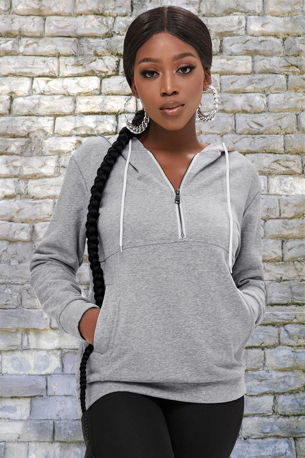 Half-Zip Drawstring Hoodie with Pockets