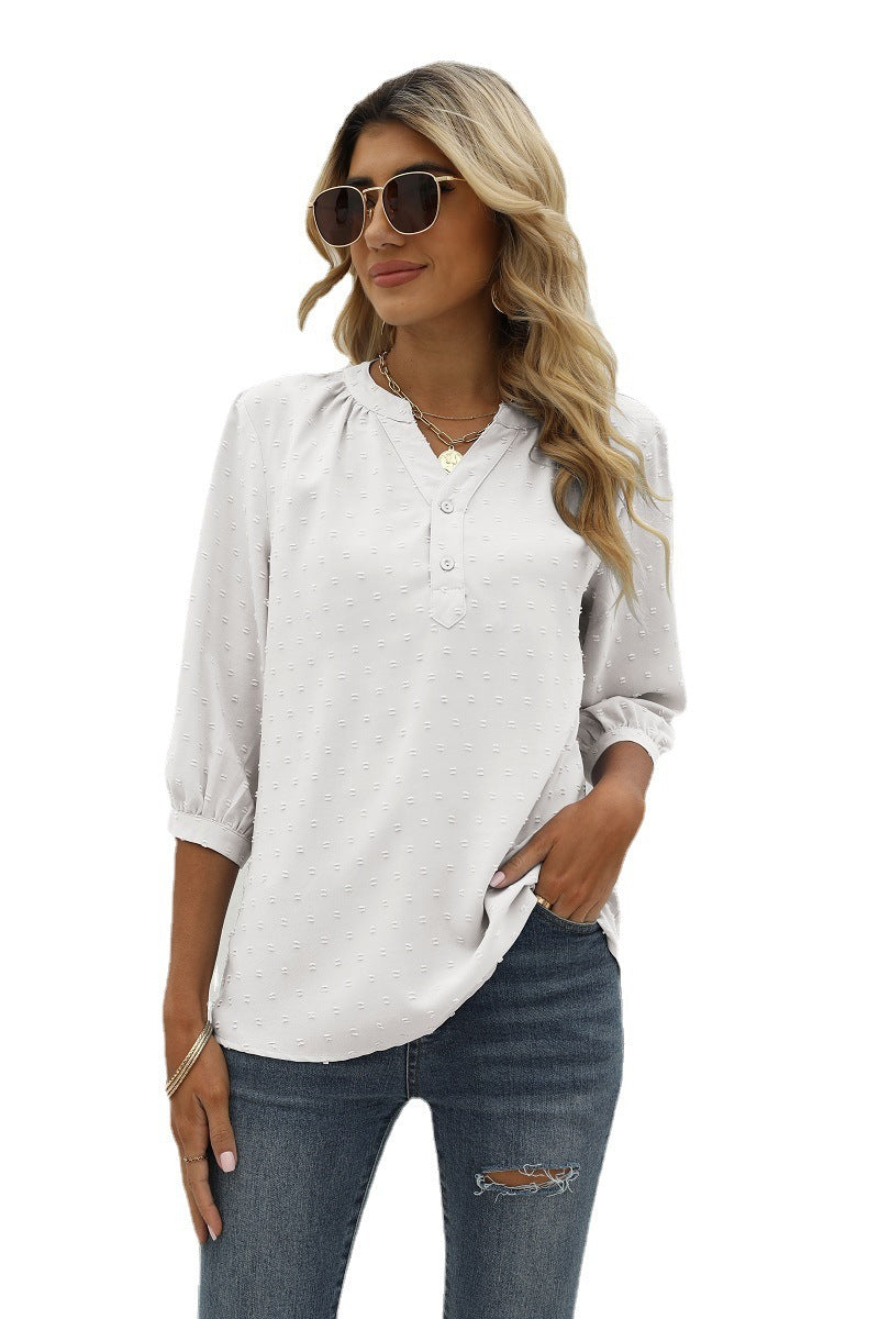 Swiss Dot Notched Neck Three-Quarter Sleeve Blouse