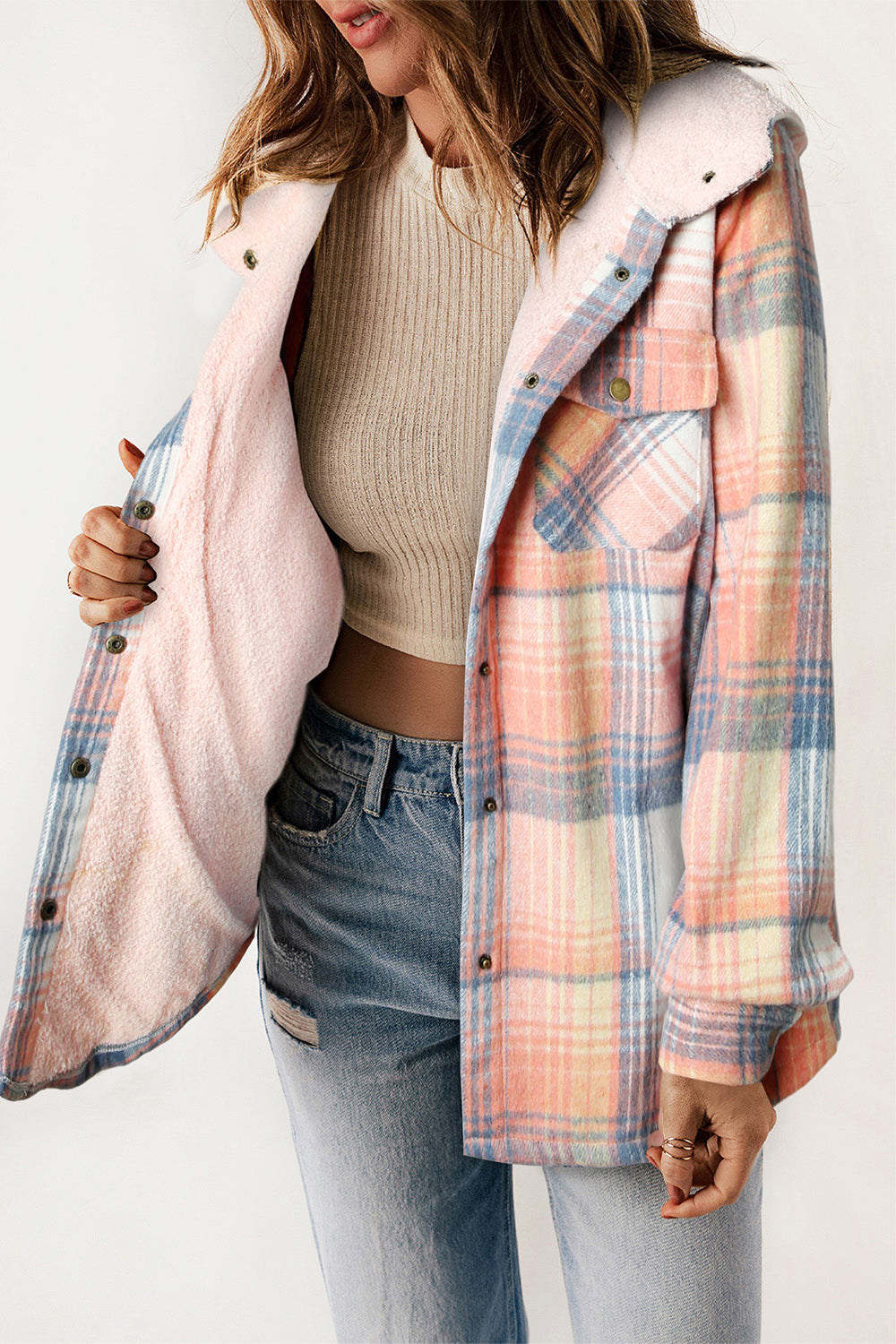 Plaid Snap Down Hooded Jacket