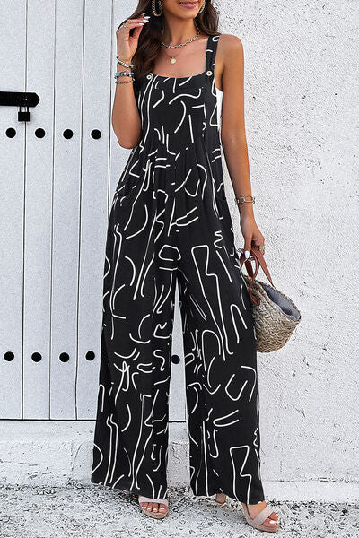 Printed Wide Strap Jumpsuit with Pockets